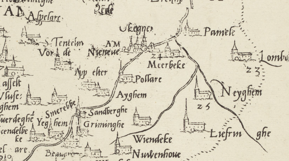 1540 - Okegem en omgeving - Knipsel uit La grande carte de Flandre - Gérard Mercator