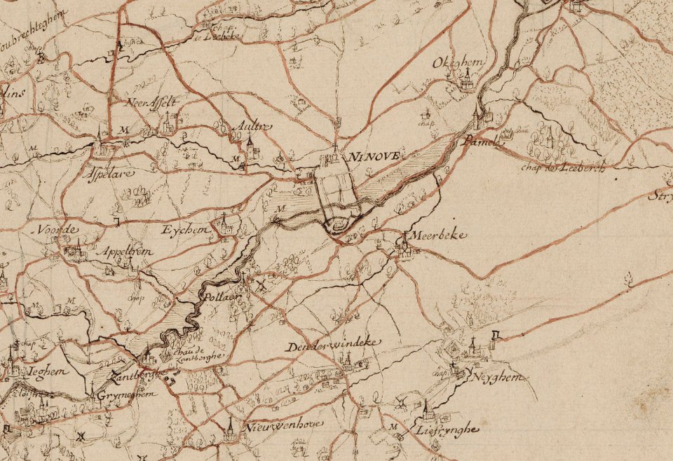 1678 - Okegem en Ninove - Knipsel uit Carte des chemins d'une partie de la Flandre Orientale - J. L. Bolé de Chamlay