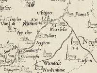 1540 - Okegem en omgeving - Knipsel uit La grande carte de Flandre - Gérard Mercator         Klik op de kaart hierboven om in te zoomen